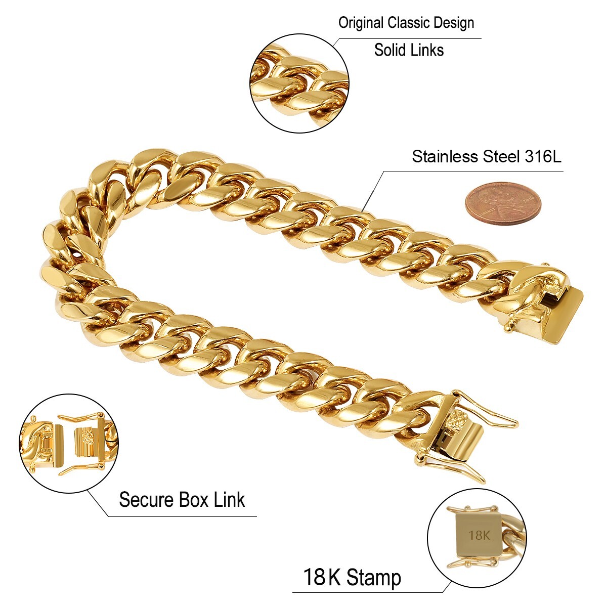 Heavy Stainless Steel Men’s Miami Cuban Link Chain or Bracelet 18k Gold Plated