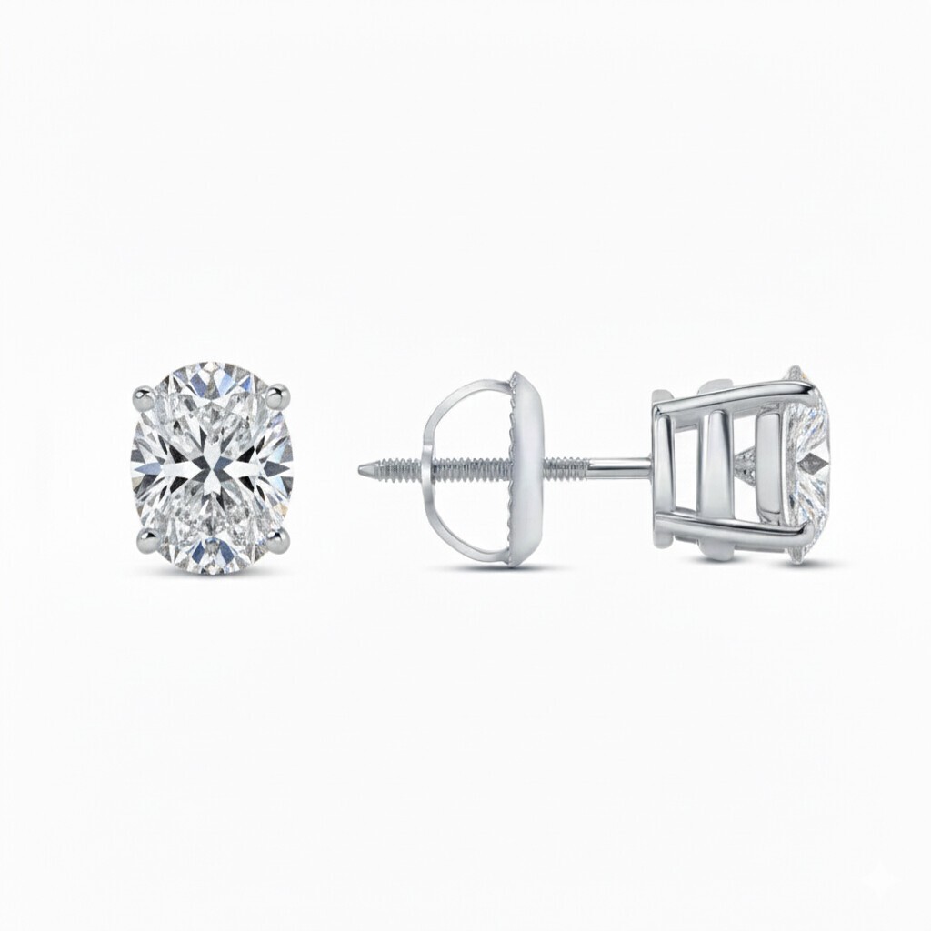 2 Ct Oval Lab Created Moissanite Earrings 18k White Gold Vermeil Screw