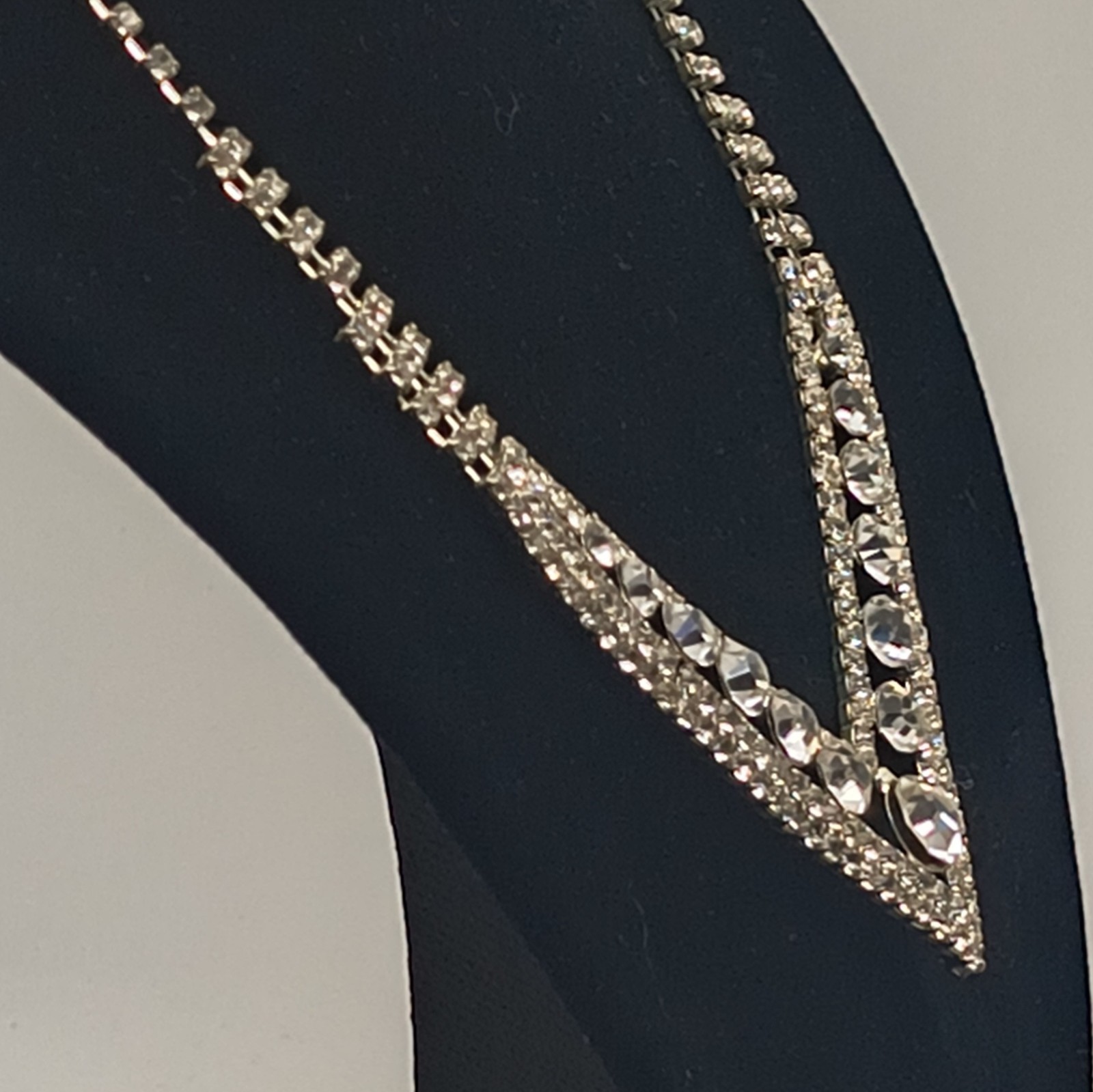 Silver Tone V Pendant Statement Necklace White Crystal Rhinestone Adjustable