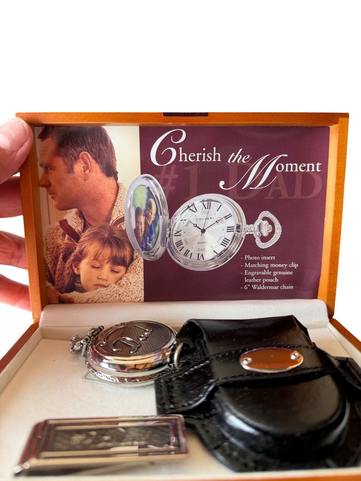 Colibri Dad Pocket Watch Gift Set With Money Clip & Leather Pouch In Wooden Box