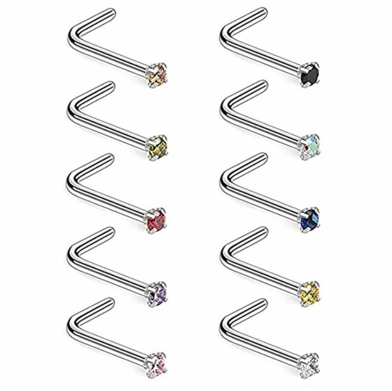 18G Surgical Steel Mix Color CZ L Shaped Nose Stud Rings Piercing Jewelry 10PCS