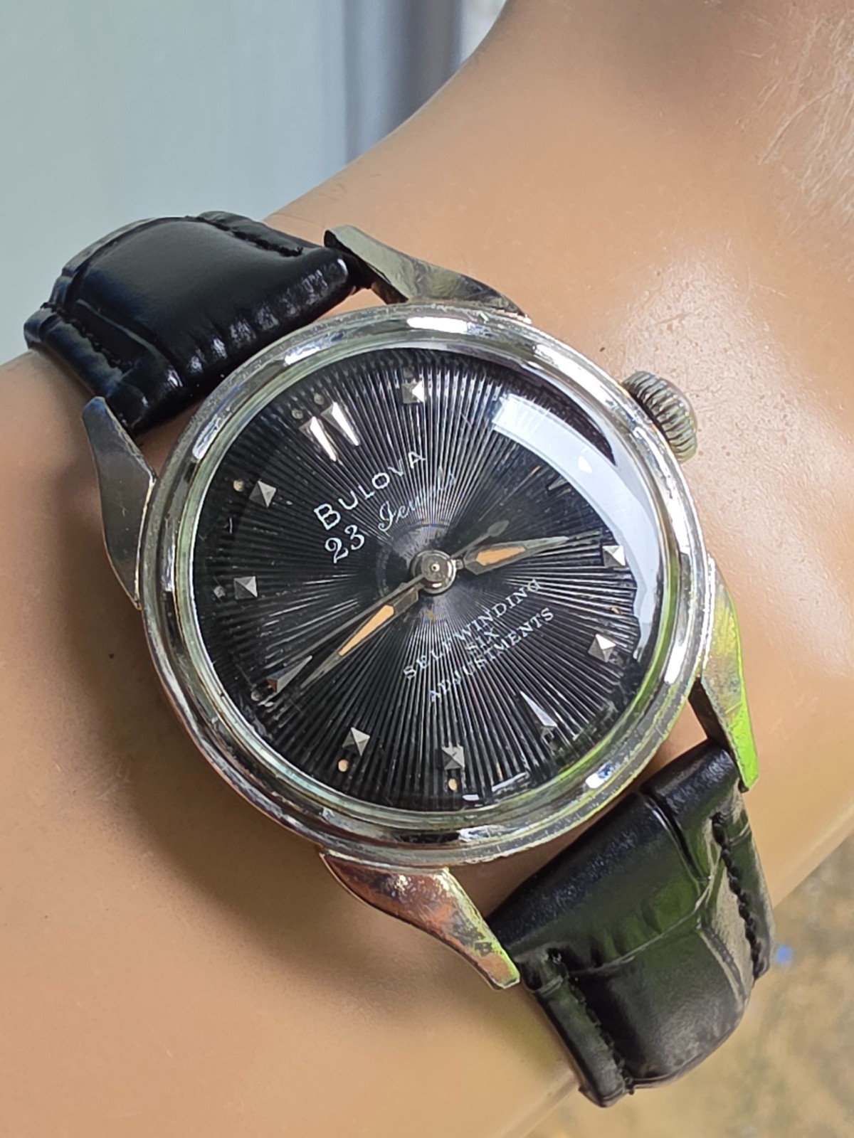 Vintage Bulova 23 “A” Men’s automatic watch 10K RGP Black Sunburst dial 1955