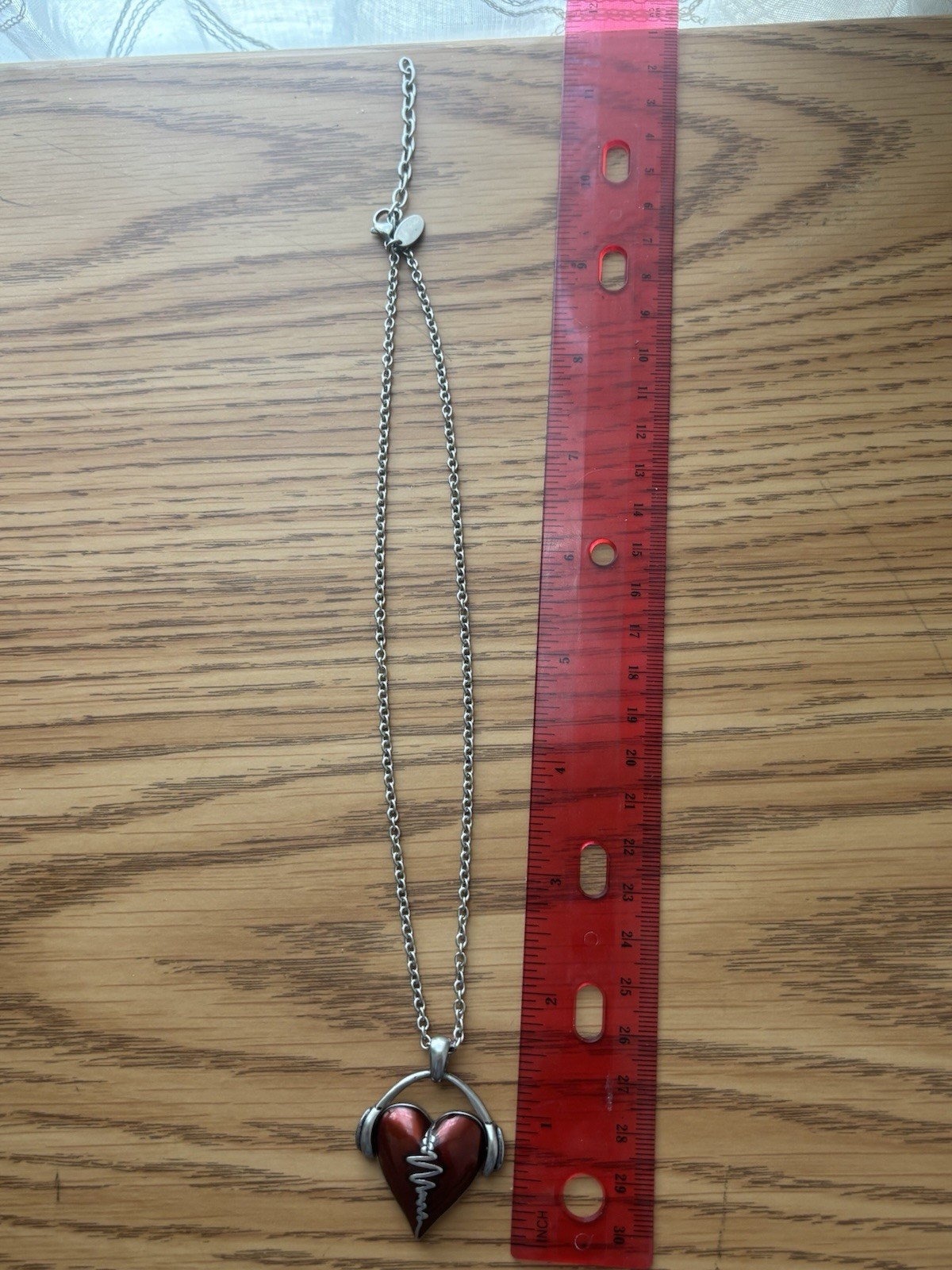 Silver Tone Cable Chain Necklace Red Heart Charm Pendant Love Music Theme