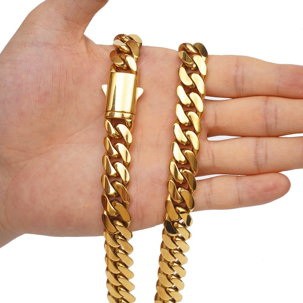 Men’s 6/8/10/12/14mm Gold Color Stainless Steel Miami Cuban Link Chain Necklace