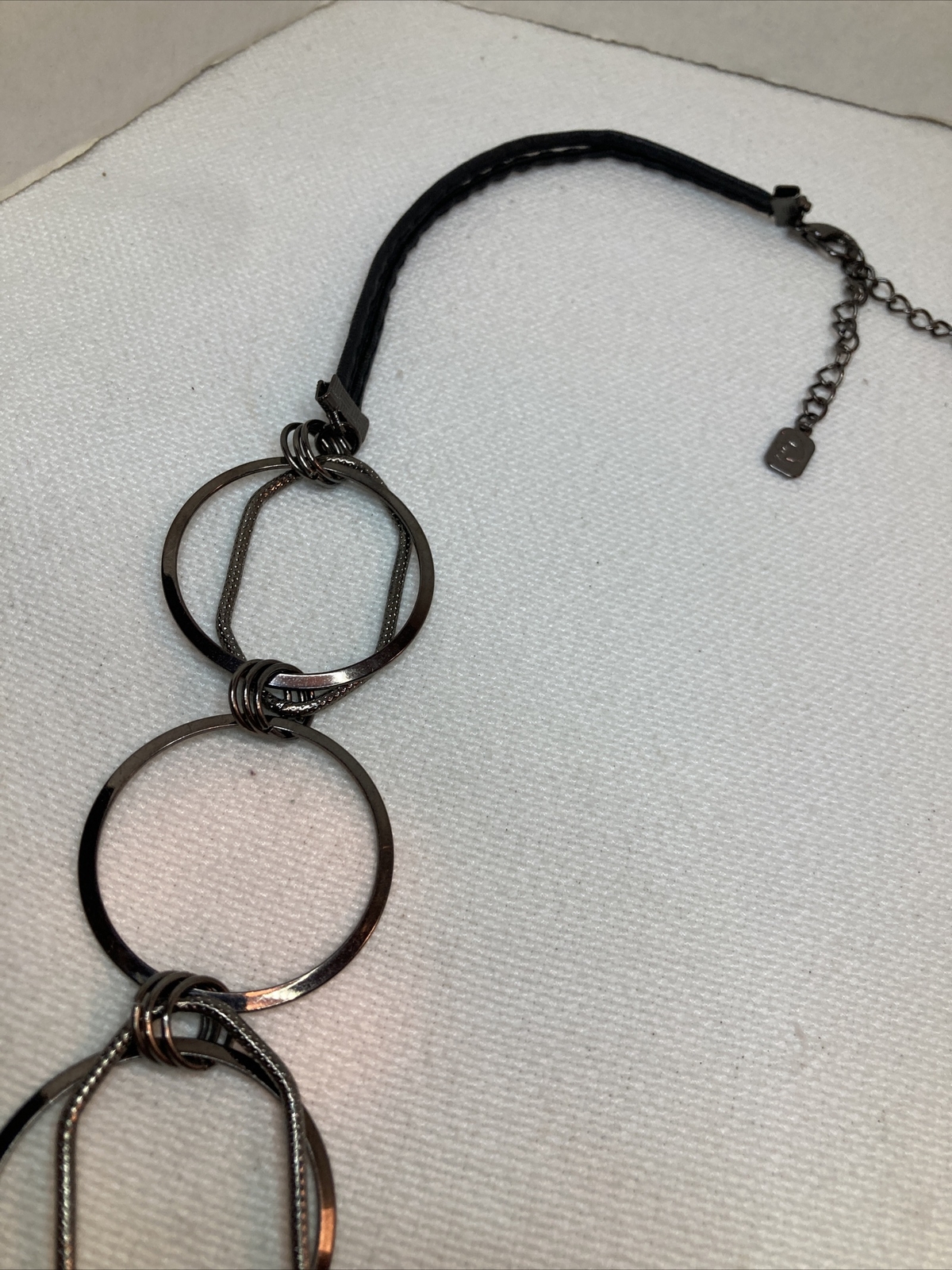 Unique Signed Faux Leather Metal Loop Statement Necklace