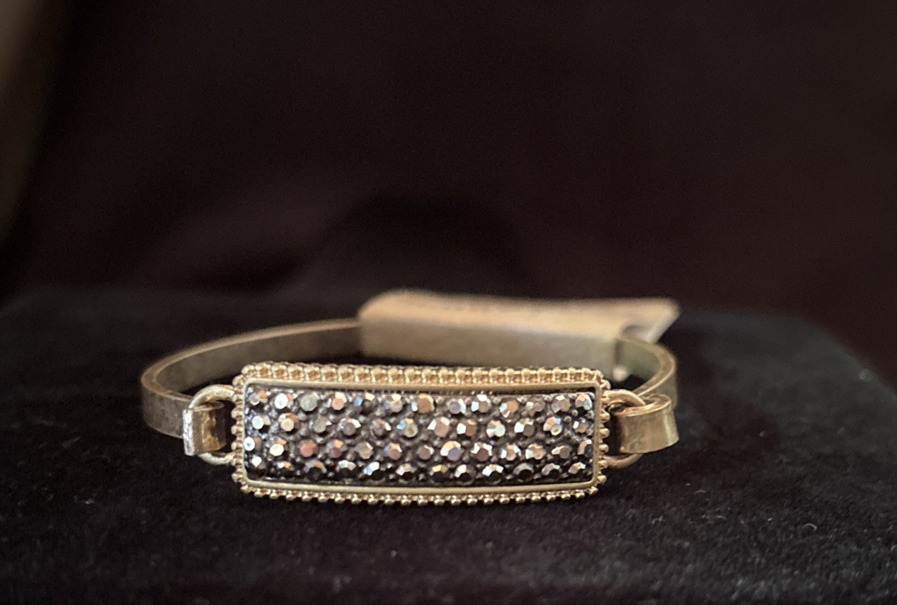 Wild Flower Black Rhinestone Bar Gold Tone Bangle Bracelet