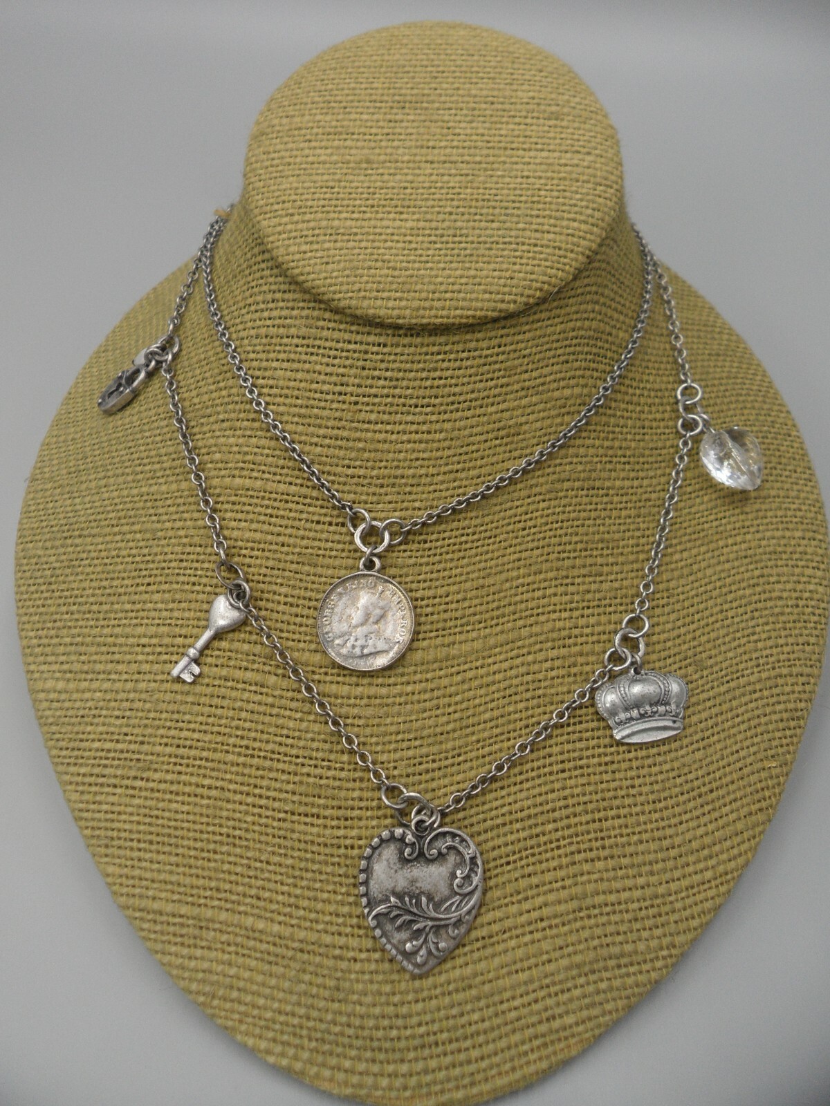 AE Signed Charm Necklace American Eagle Layered Coin Heart Crown Lock Key EUC