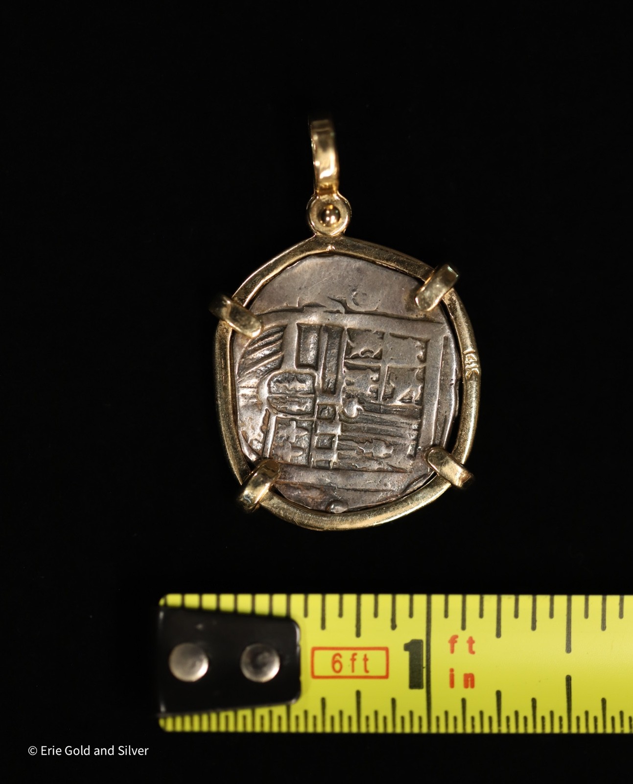 14k Yellow Gold Bezel Pendant W/Mexico 2 Real ca.1600s Silver Coin