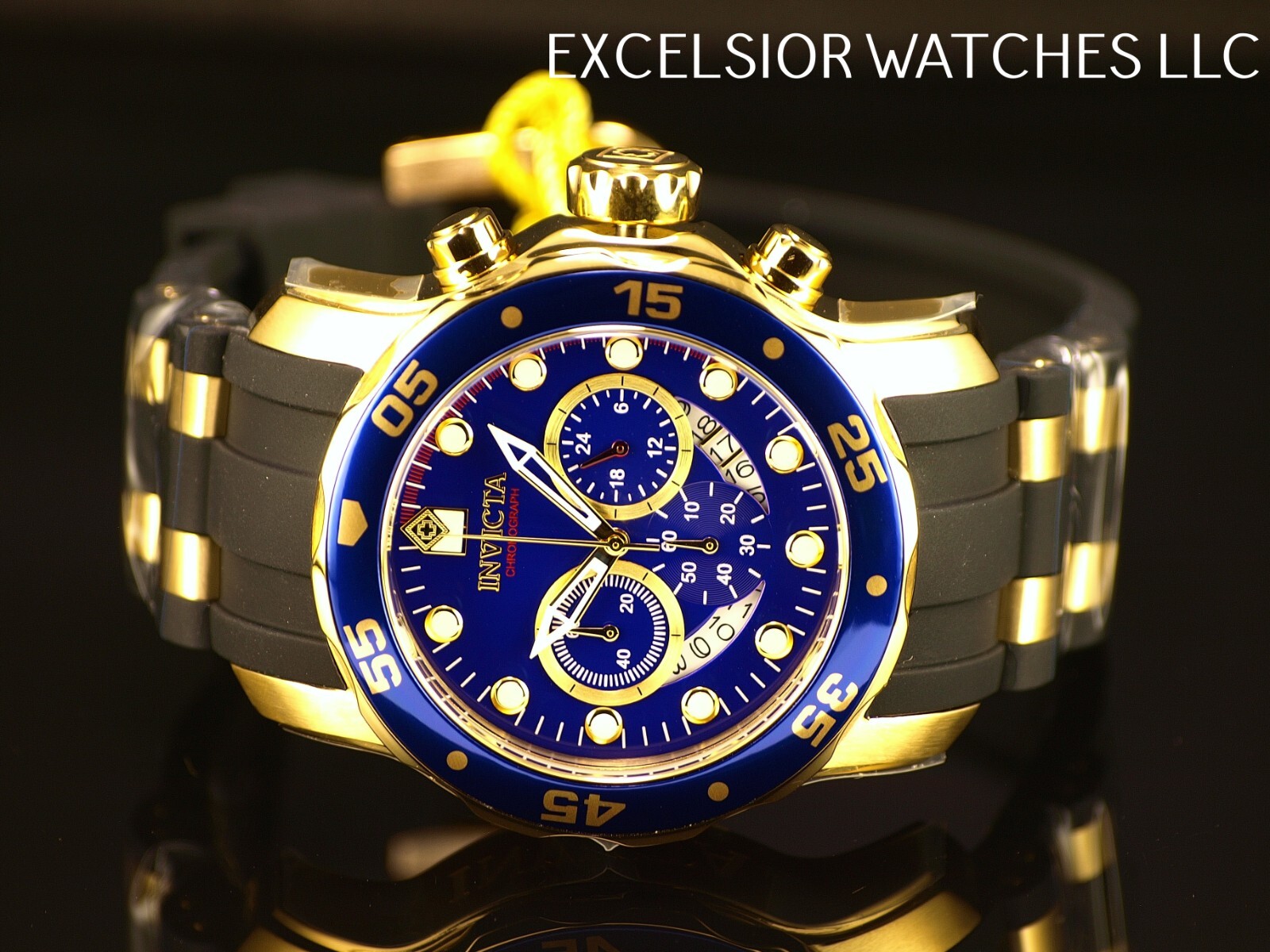 Invicta Mens 48mm PRO DIVER SCUBA Chronograph BLUE Dial 18K Gold Plated SS Watch