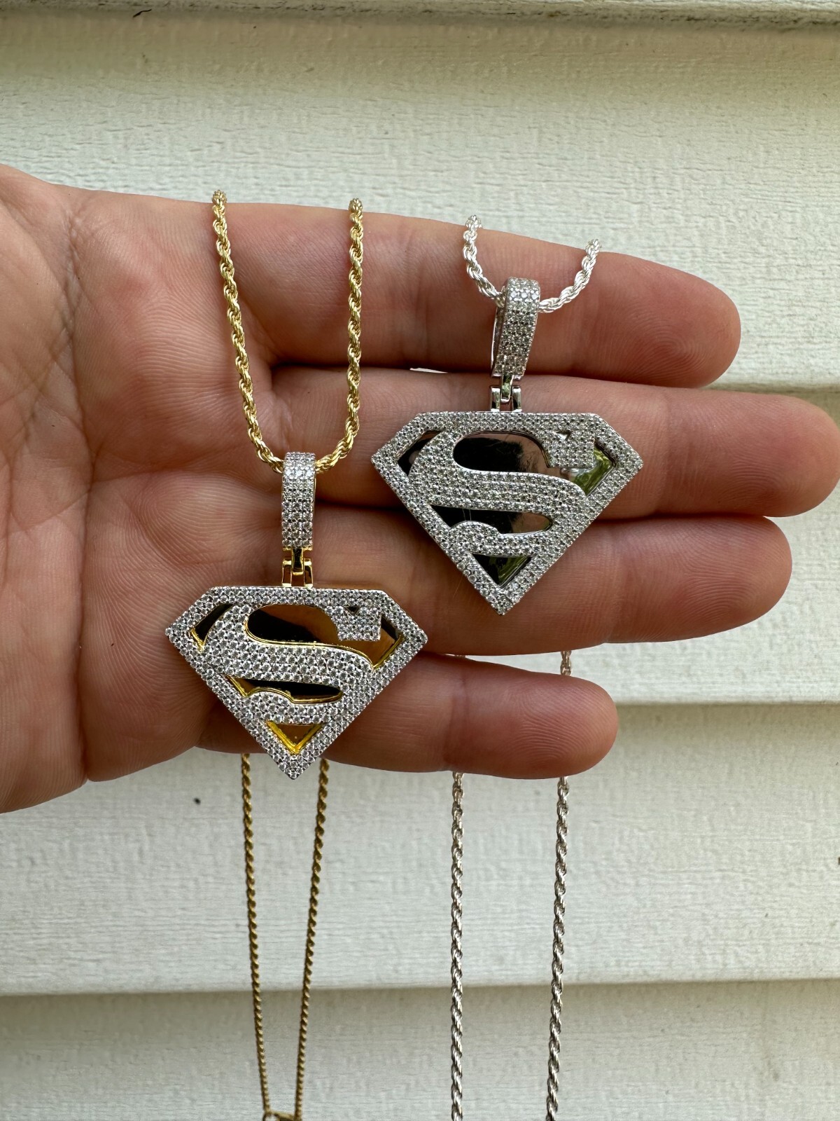 MOISSANITE Real 925 Silver/Gold Plated Iced SUPERMAN Logo Out Pendant Necklace