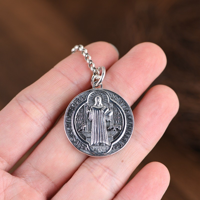 S925 Sterling Silver ST BENEDICT MEDAL Cross Pendant RELIGIOUS Protective Amulet