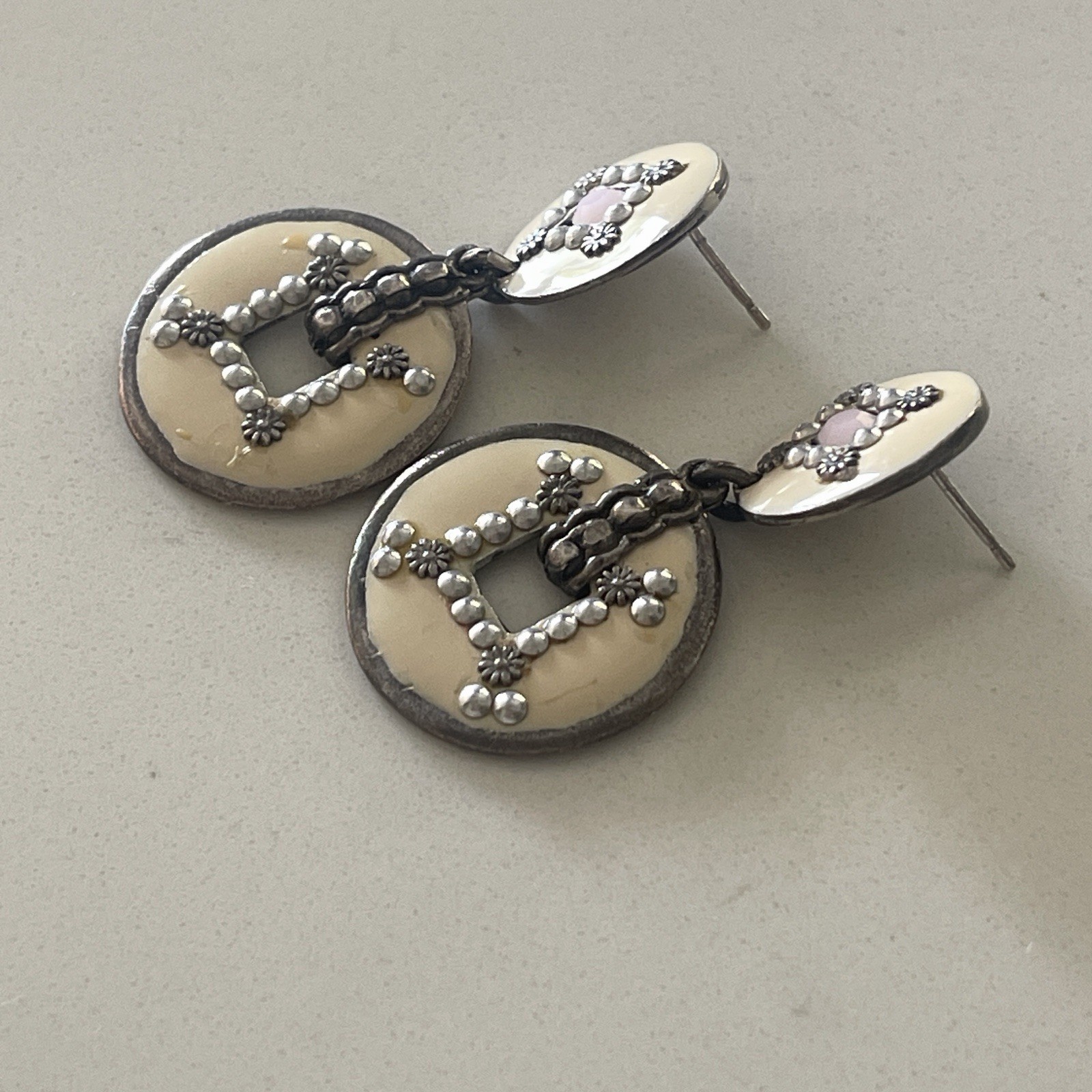 GAS Bijoux Beige Enamel Open circle Dangle Earrings sequins studs Peirced