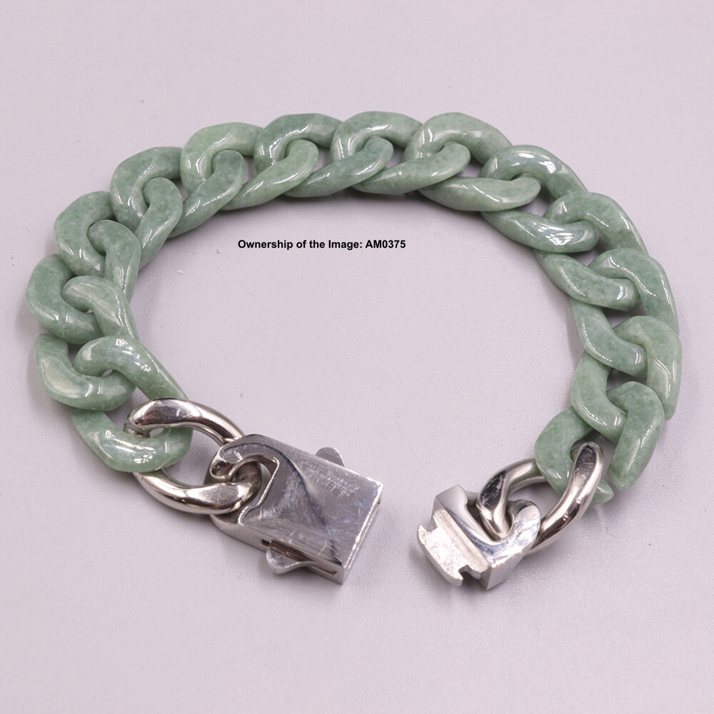 Natural Grade A Green Jade Curb Cuban Bracelet For Men 12mm Width Fit 7.48INCH