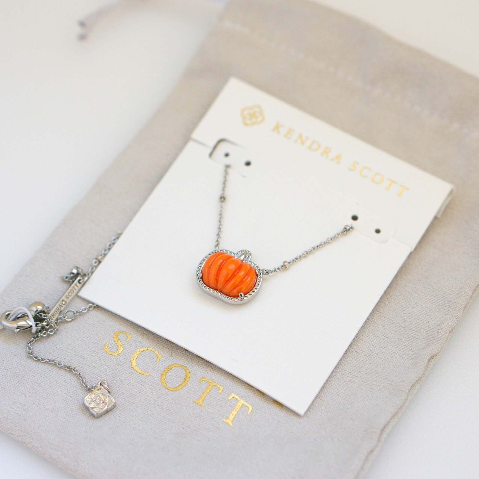 Kendra Scott Pumpkin Silver Short Pendant Necklace in Orange Mother of Pearl