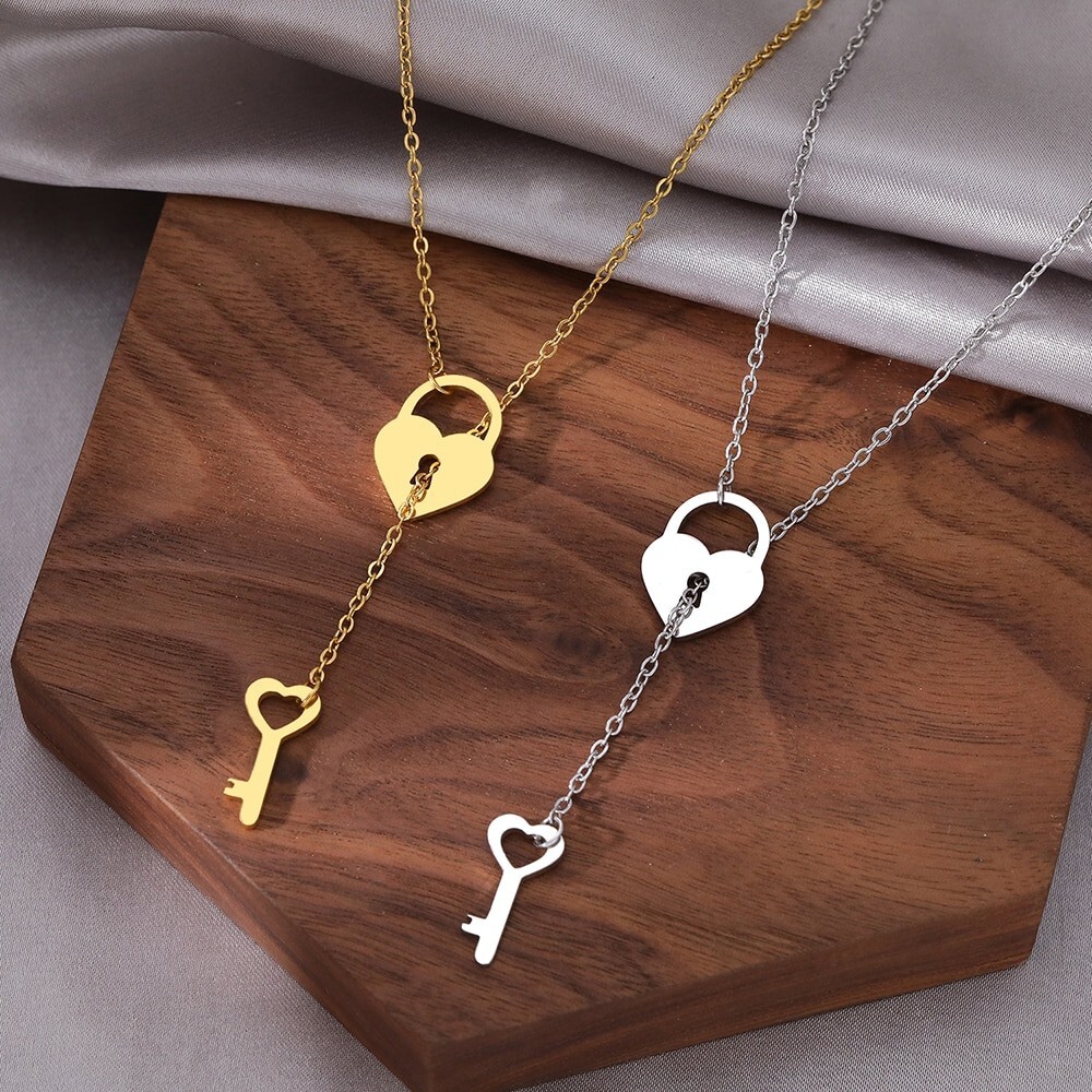 Gold Heart Lock and Key Charm Necklace