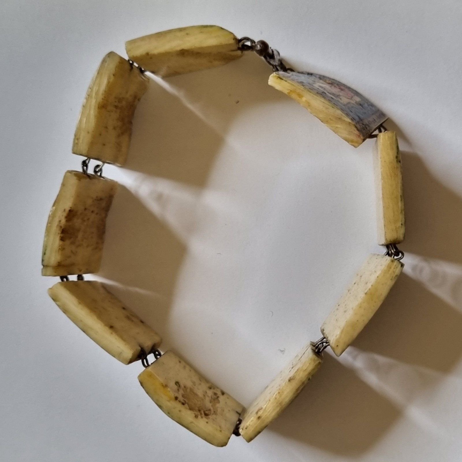 Antique Eastern European Folk Art Bone Panel Bracelet, Sterling Silver, c.1900