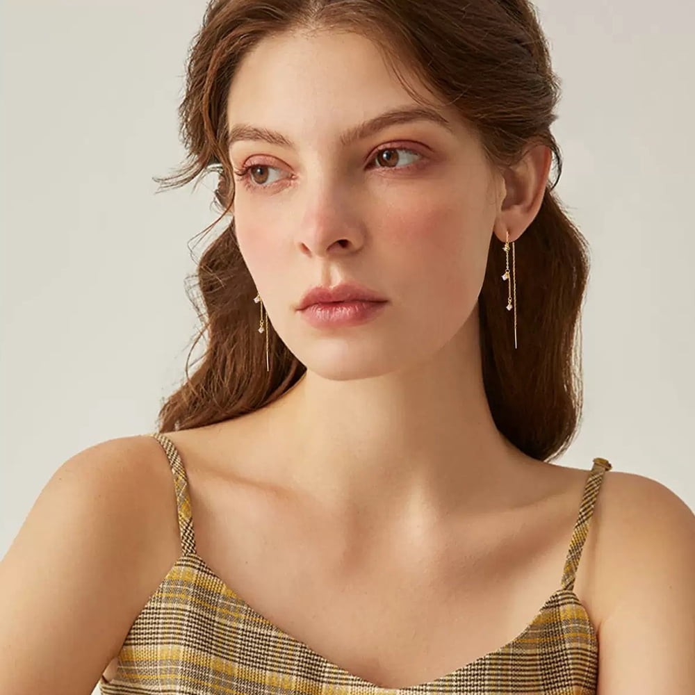 14K Gold Plated CZ Dangle Chain Earrings for Women Hypoallergenic