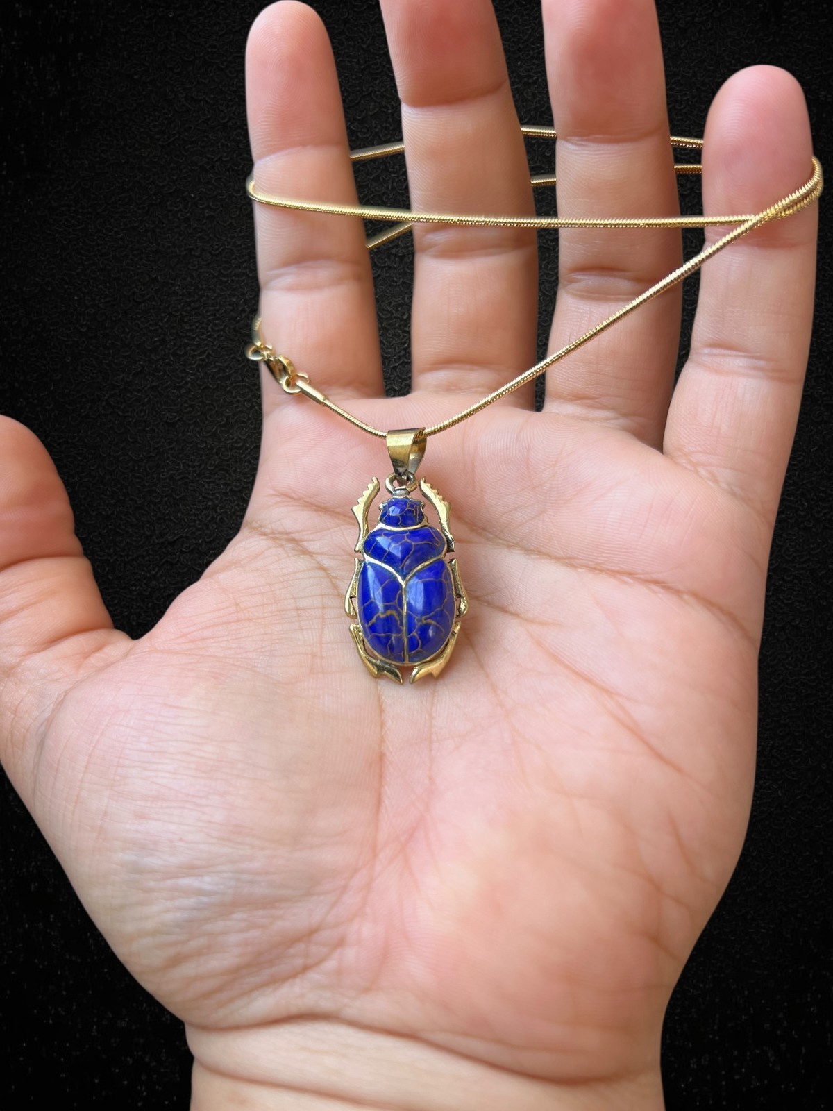 Blue Scarab Pendant Necklace Ancient Egyptian Amulet Lapis Blue Beetle Charm