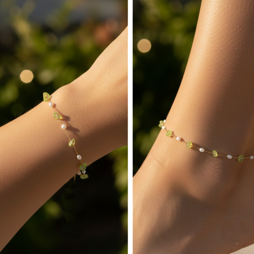 Boho Handmade Gold Color Plated Brass Anklet with Peridot and Pearl Stones