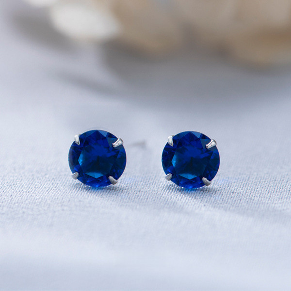 999 Sterling Silver Sparkling Royal Blue Round Solitaire CZ Mini Stud Earrings