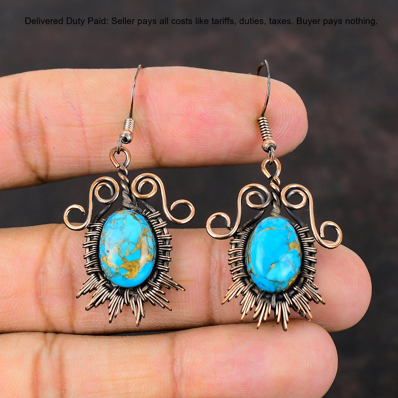 Christmas Deal Copper Copper Blue Turquoise Gemstone Drop Dangle Mother Earrings