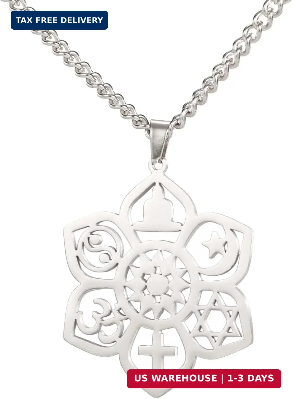 VASSAGO Coexist Lotus Flower Necklace Om Cross Star Moon Star of David Yin Yang