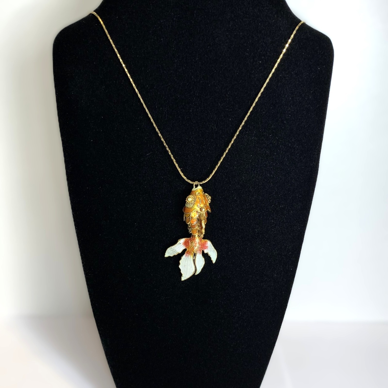 Vintage Articulated Koi Fish Pendant Necklace Cloisonne Enamel Gold Tone 23.5”