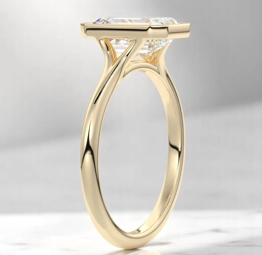2.0CTW IGI Certified Emerald Cut Lab Grown Bezel Set Split Shank 14k Gold Ring