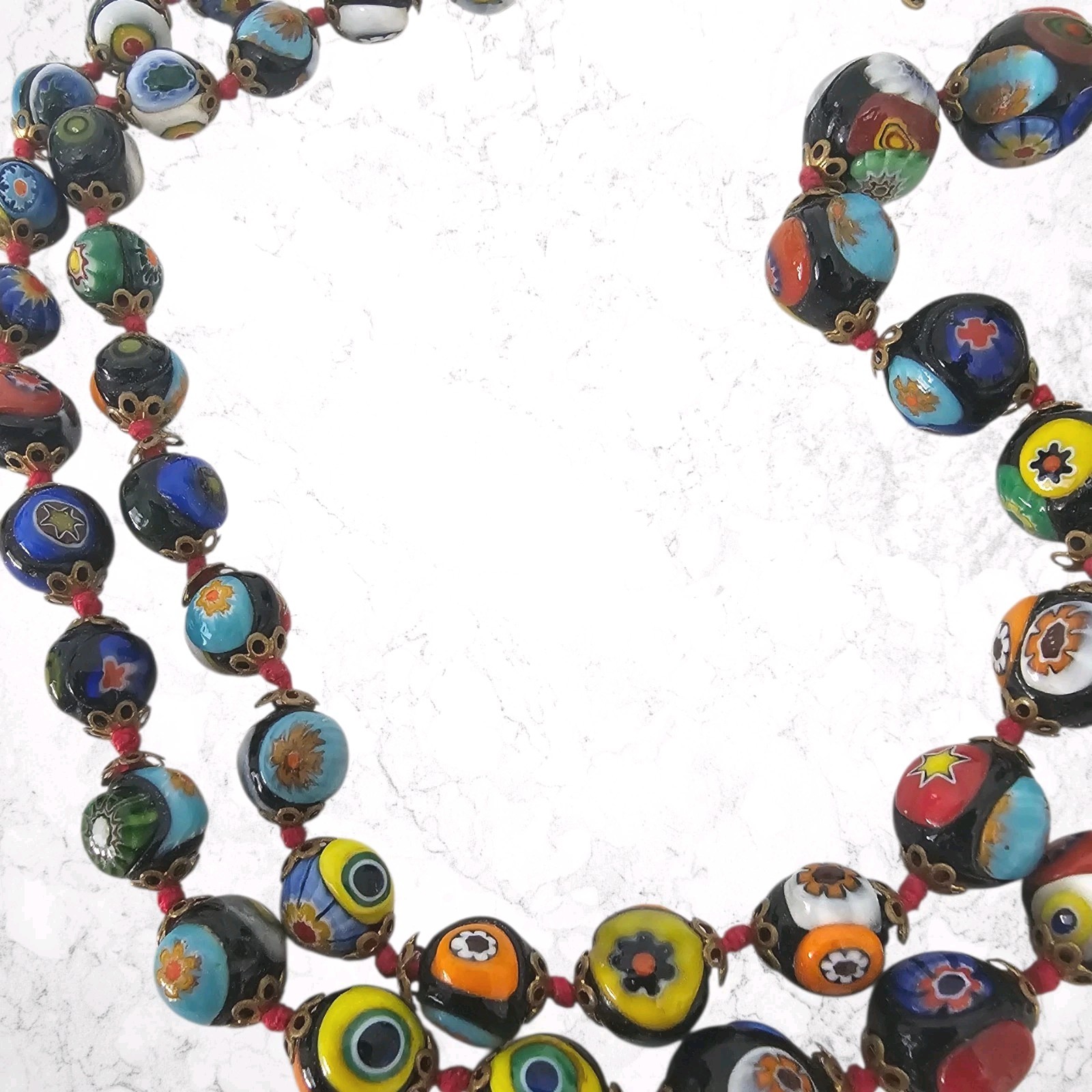 Millefiori Venetian Murano Glass Necklace Multicolor Knotted 25 Inches Vintage