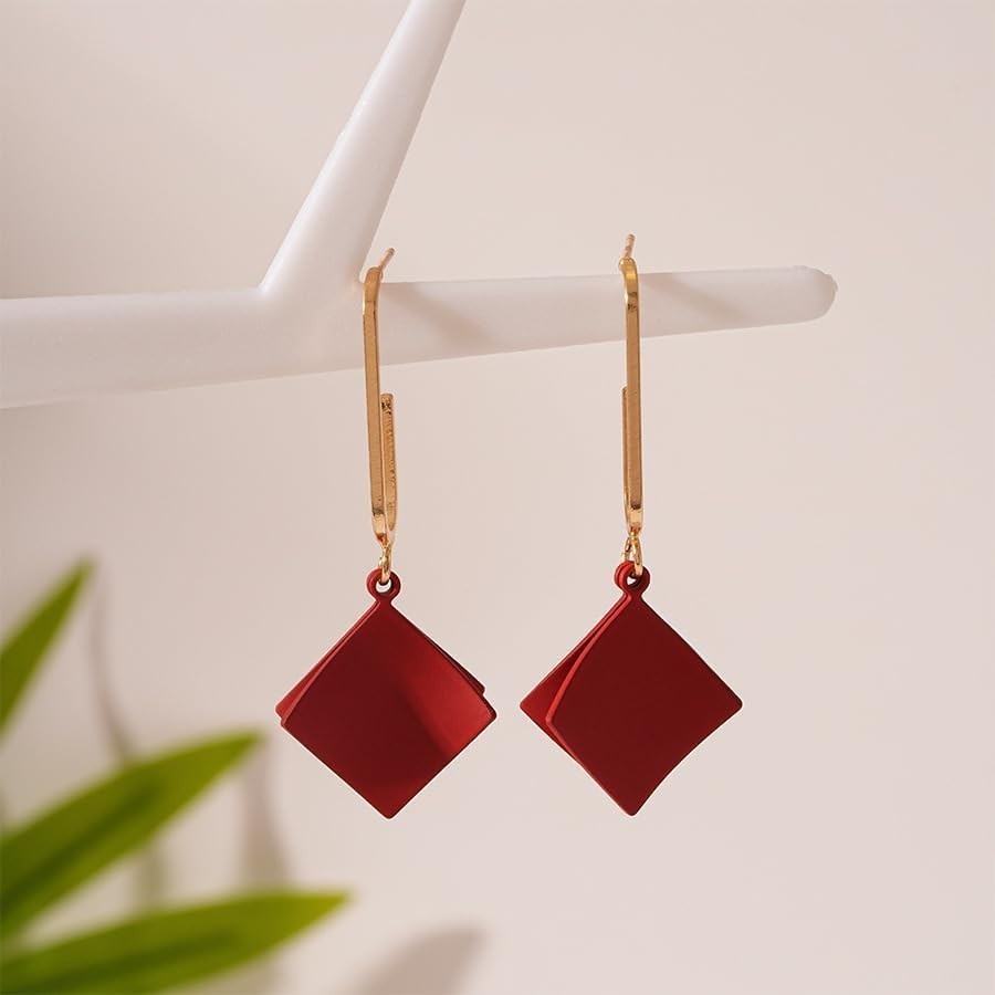 Minimalist Red Rhombic Drop Earrings – Lightweight & Stylish for Every Occasion