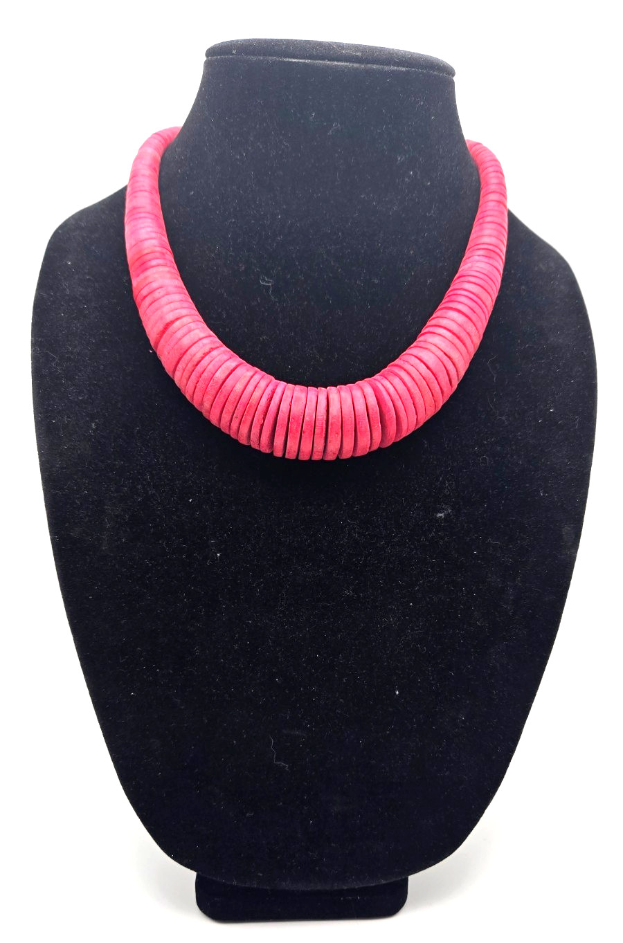 Vintage 1970s Pink Coral Wood Heishi Bead Necklace Graduated Retro Surfer 19″