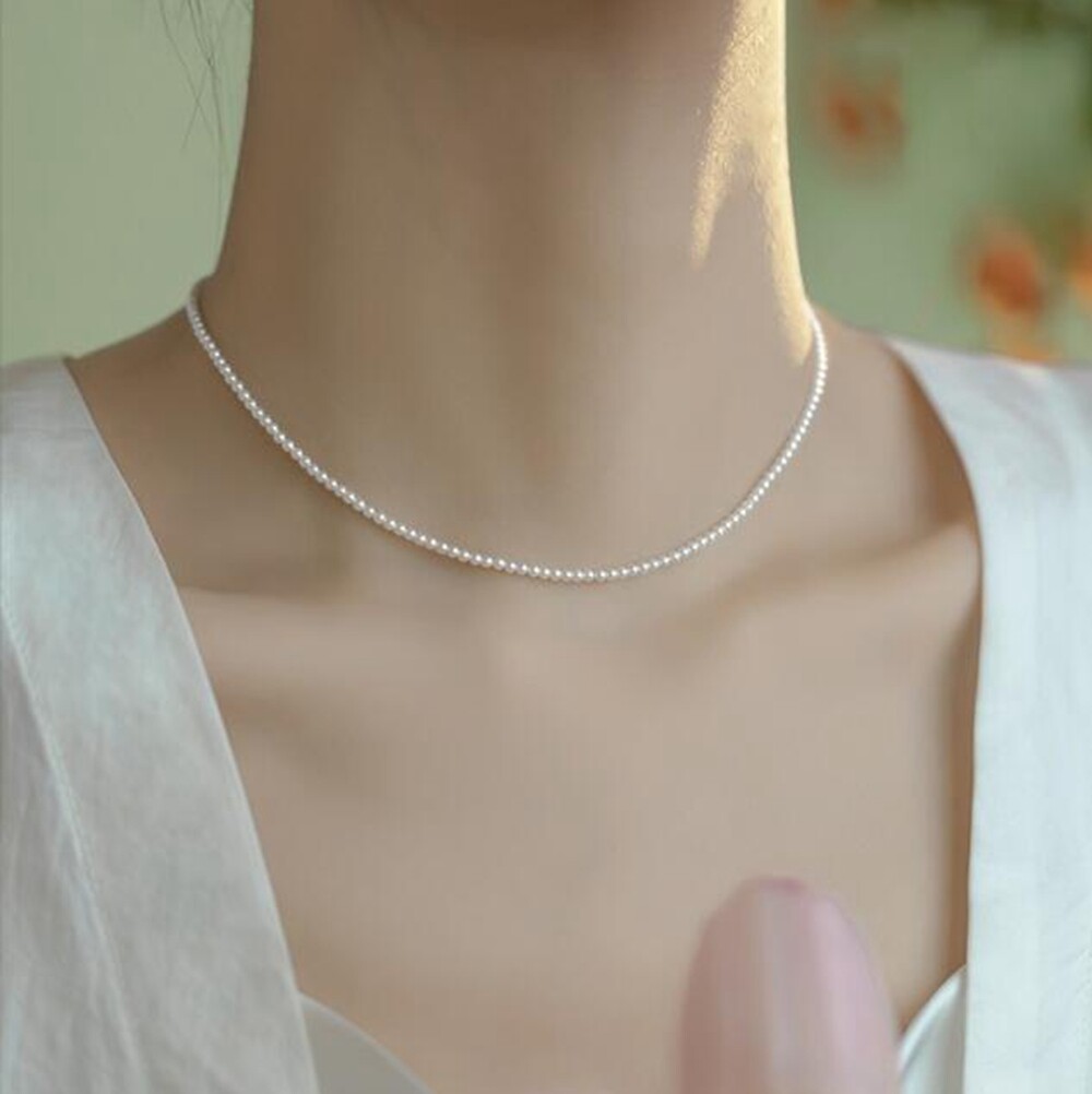 Real Natural 2mm 3mm 4mm White Akoya Pearl Round Beads Necklace 15″