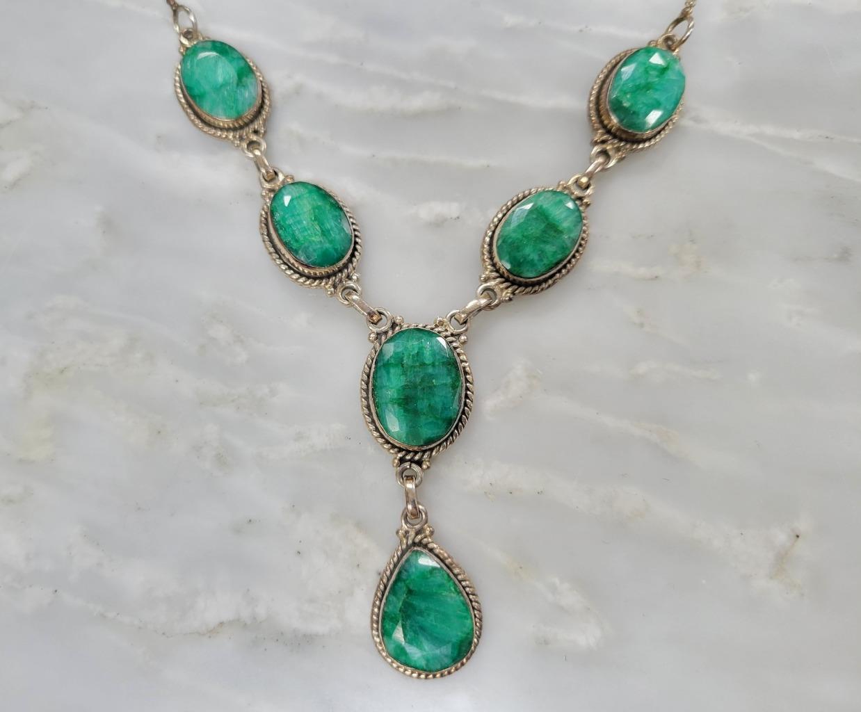 Sterling Silver Raw Emerald Princess Style Necklace ~ 25.0grams ~ 12-E992