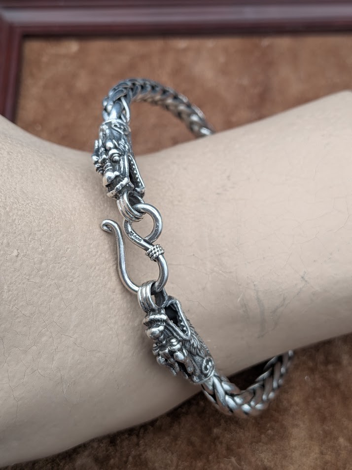 Sterling Silver Braided Chain Dragon’s Head End Tabs 8″ Bracelet ~ 28.5g