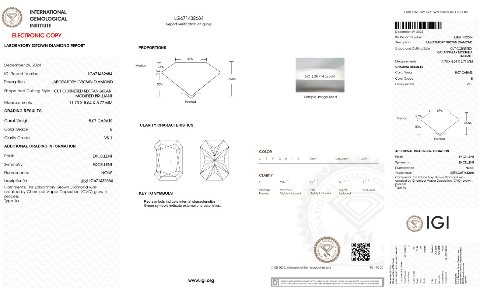 5.07 Cts Radiant Cut IGI Certified Lab Grown CVD Diamond E Color VS1 Clarity