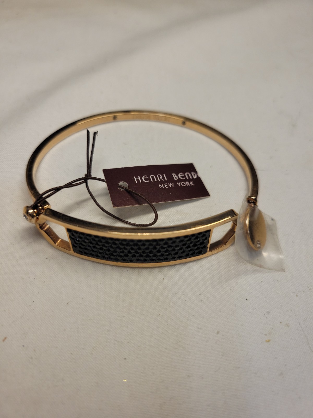 Henri Bendel Black Pave Rhinestone Gold Tone Hinged Bangle Bracelet NEW