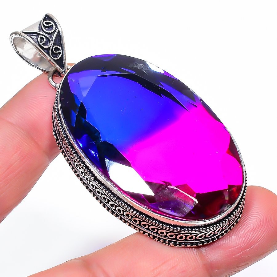 Multi Tourmaline Oval Shape Gemstone Pendant Unique Vintage Jewelry 2.7″ VP 2977