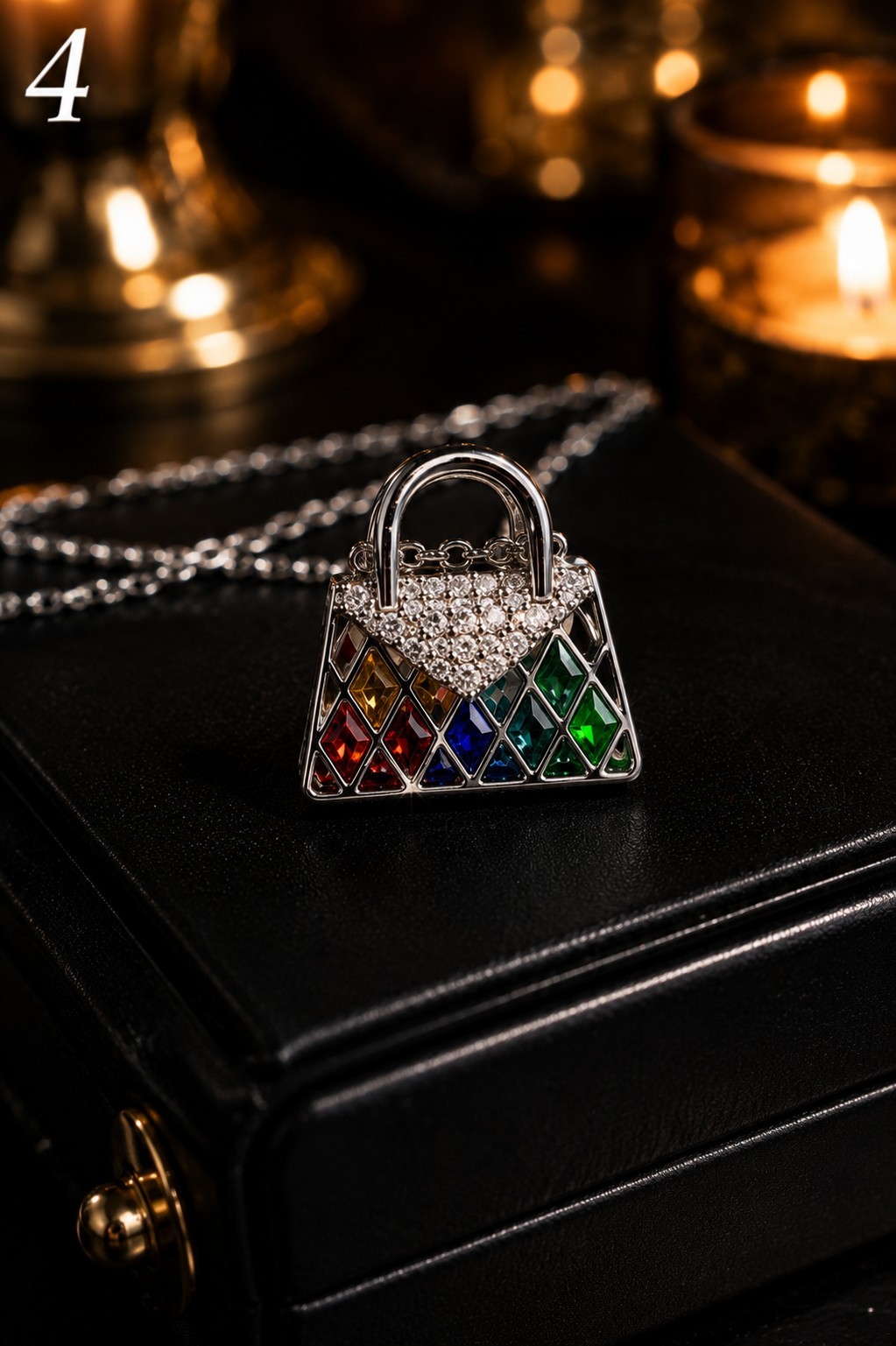 Silver Tone Crystal Handbag Purse Pendant Necklace Rainbow Rhinestone Gift