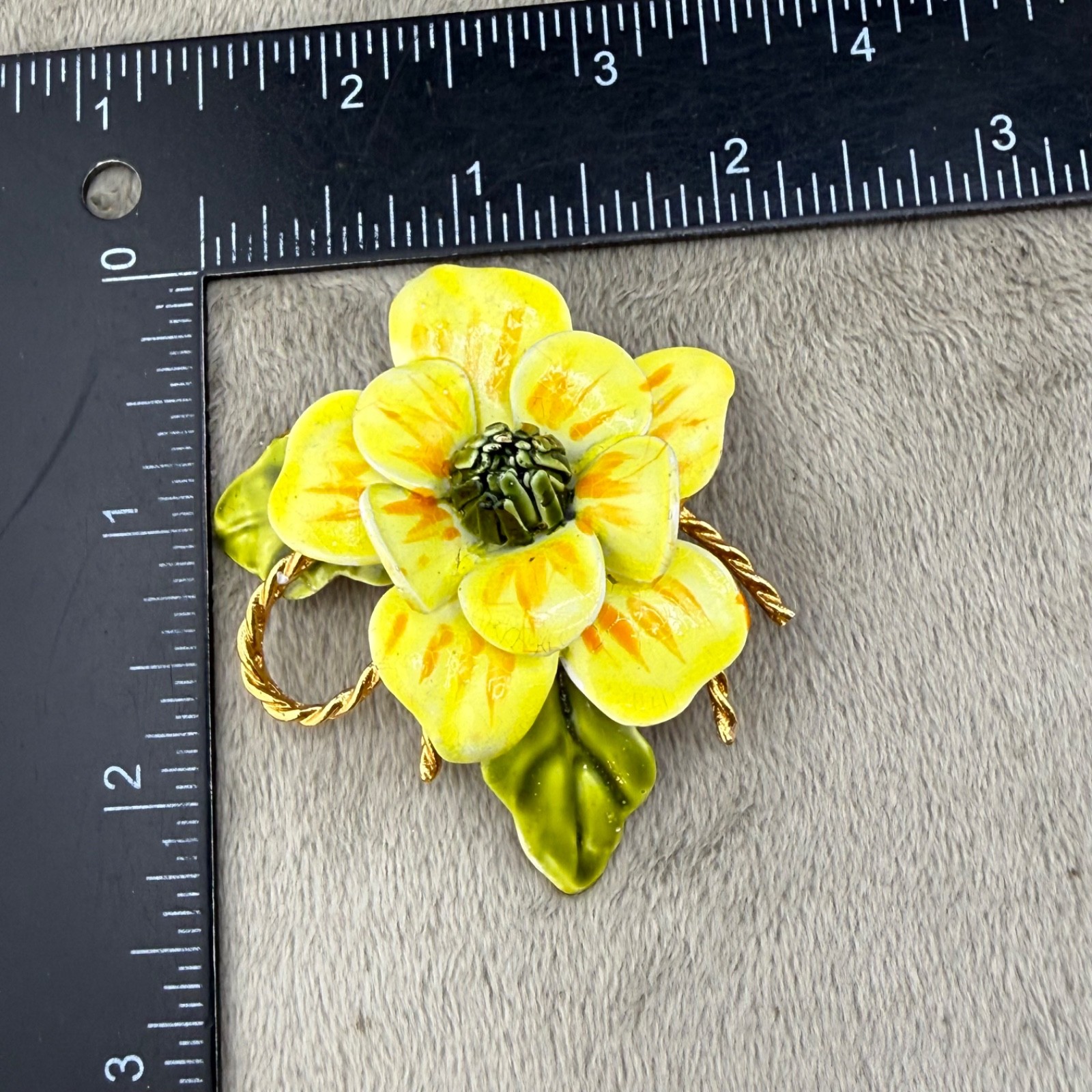 Vintage Enamel Flower Brooch Yellow Mod Pop Art