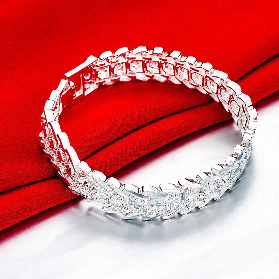 925 Sterling Silver Pattern Flower Wide Wristband Bracelet Chain Fashion Jewelry