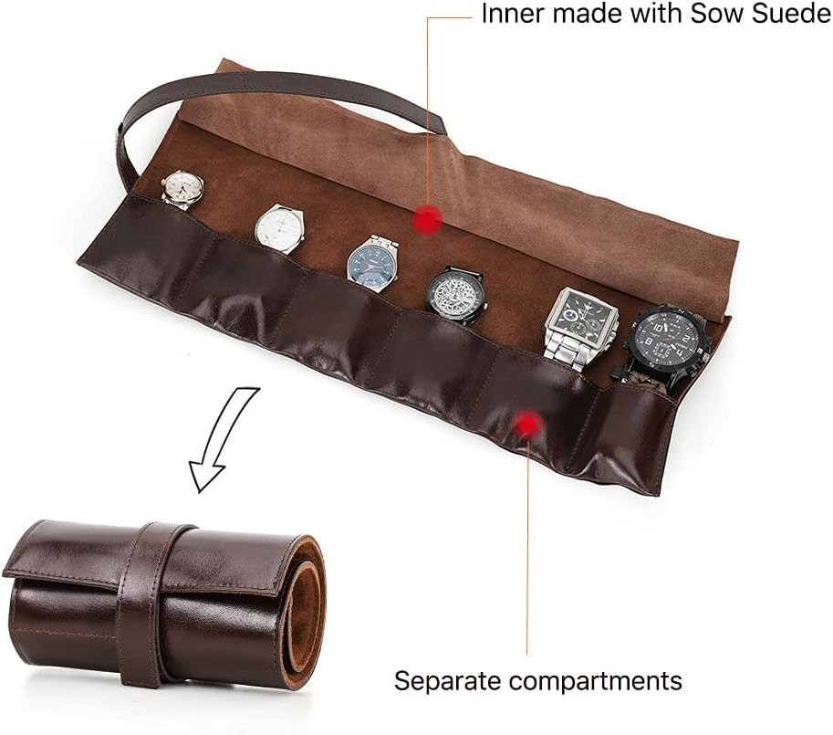 Genuine Leather Travel Watch Case Roll Organizer Classic, Leather 6-Watches Roll