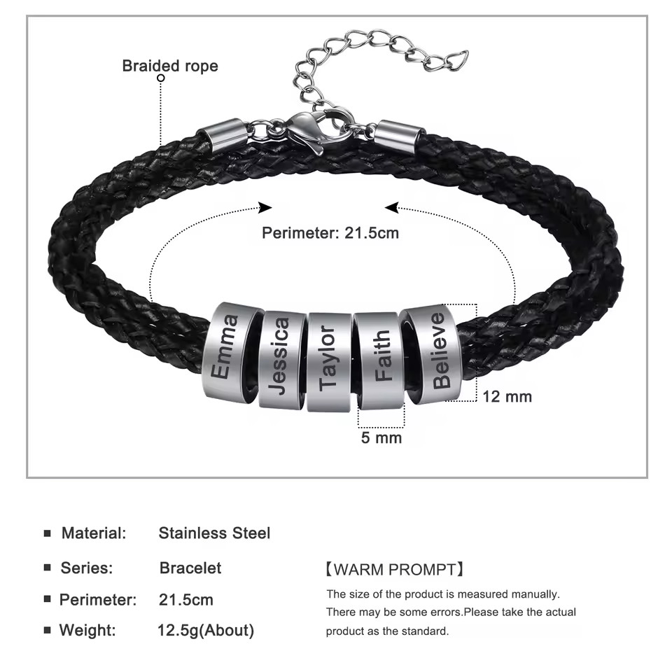 Custom 1-6 Name Leather Bracelet Stainless Steel Jewelry Men Silver Gold Black