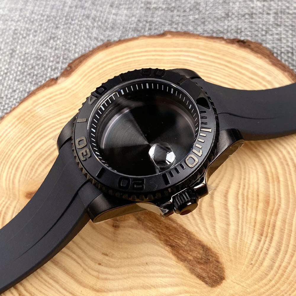 40mm Black PVD Sapphire Glass Watch Case Fit NH35A NH36A ETA2824 PT5000 Rubber