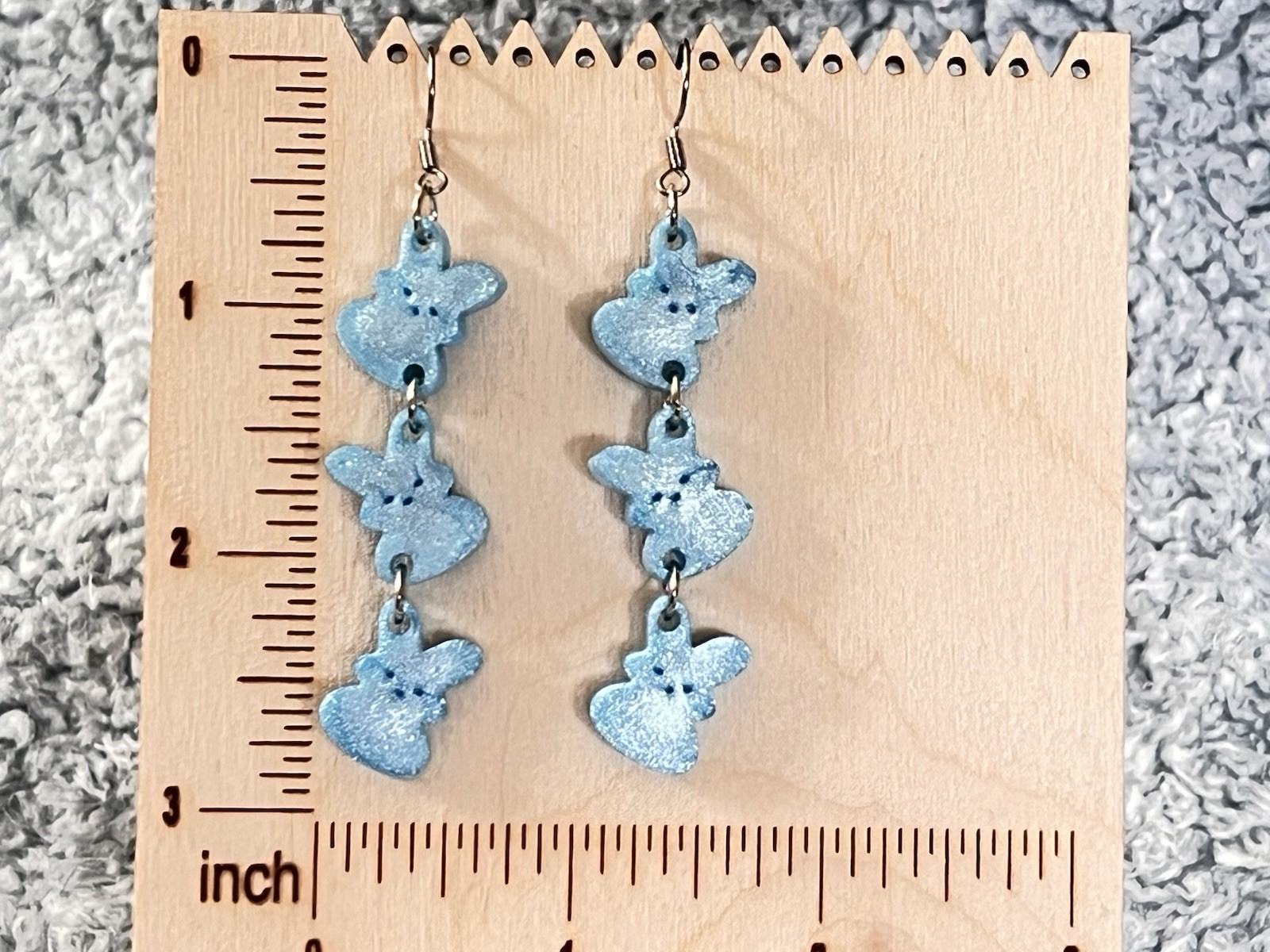 Handcrafted Blue Bunny Dangle Earrings Polymer Clay Animal Theme 2.8 in hook