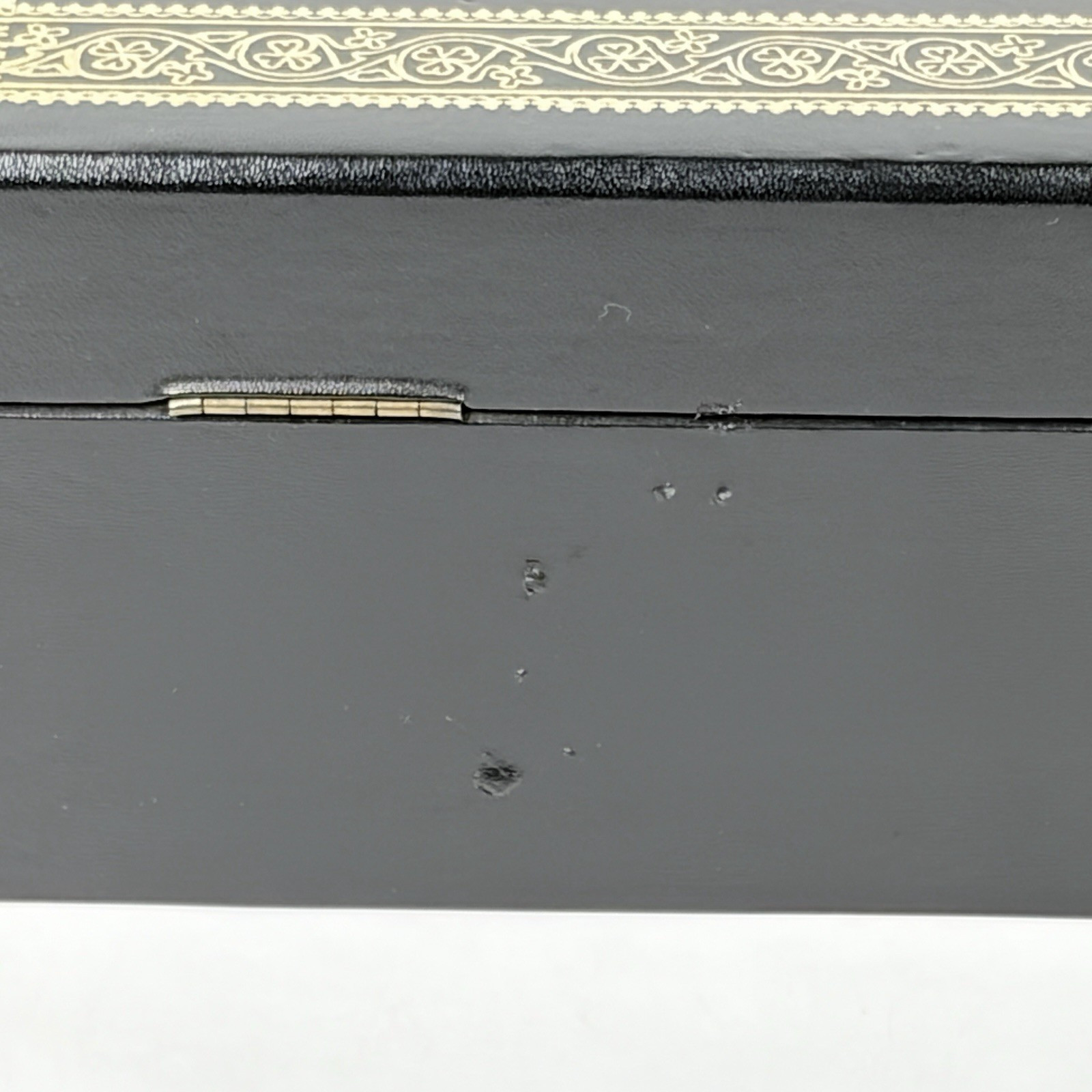 Vtg Black 2 Tier Jewelry Box Gold Clovers Dots Red Velvet Satin Lining NO Key