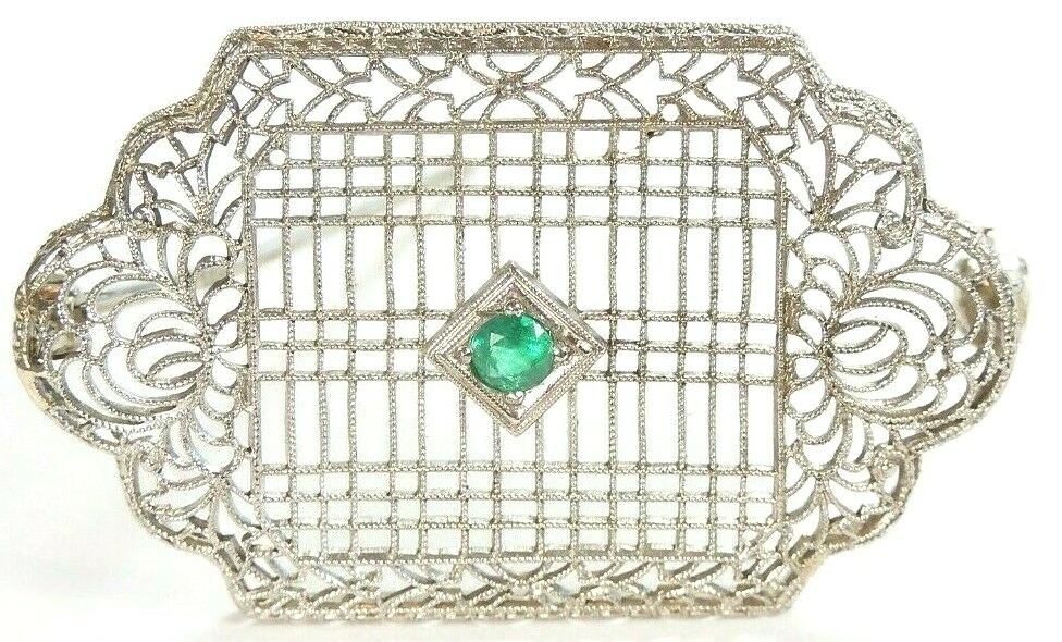 Antique Art Deco Colombian Emerald Filigree Bar Pin Brooch 14K White
