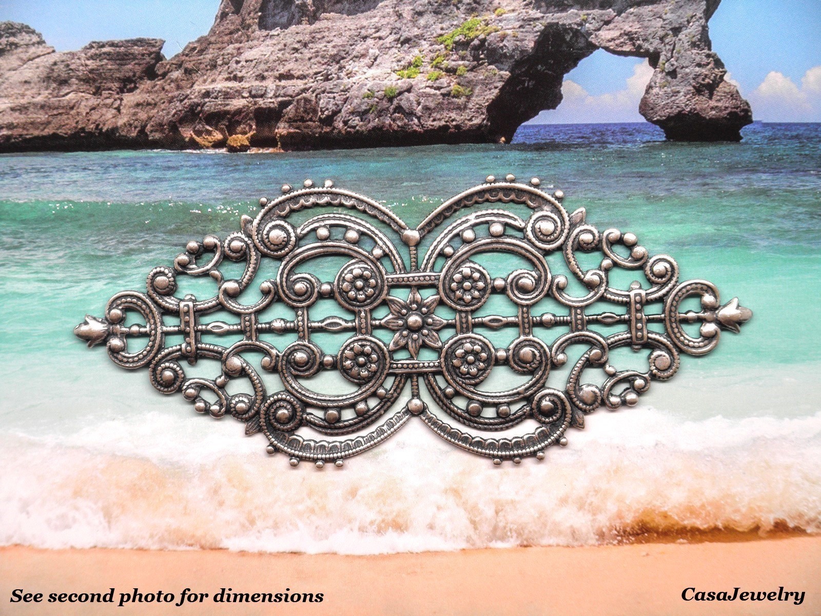 #1864 ANTIQUED .925 STERLING SILVER PLATED FILIGREE BARRETTE COMPONENT – 1 Pc