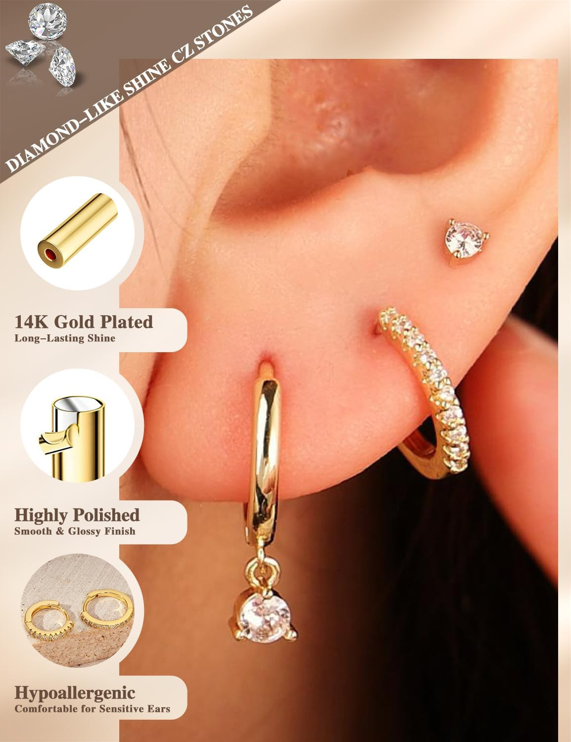 3 Pairs Hoop Earrings Set – Dainty Stud Dangle Cartilage for Women | Hypoallerge