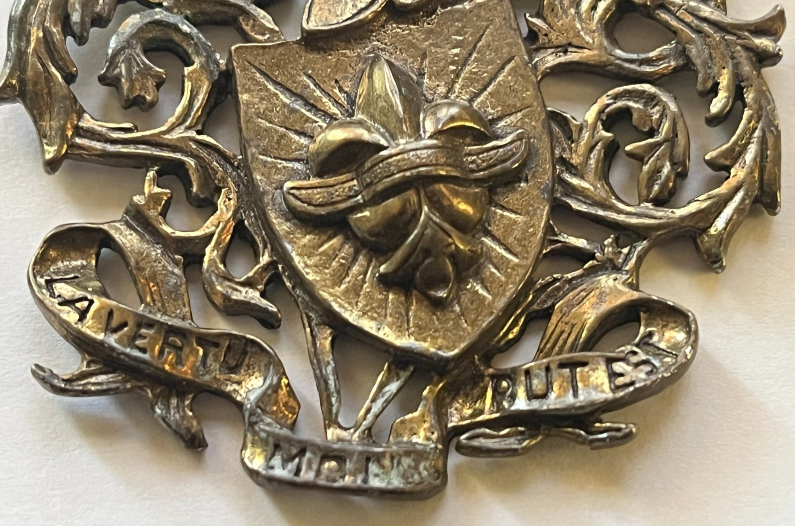 Vintage Coat of Arms Crown Fleur de Lis Shield Pendant Brass/Bronze with Patina