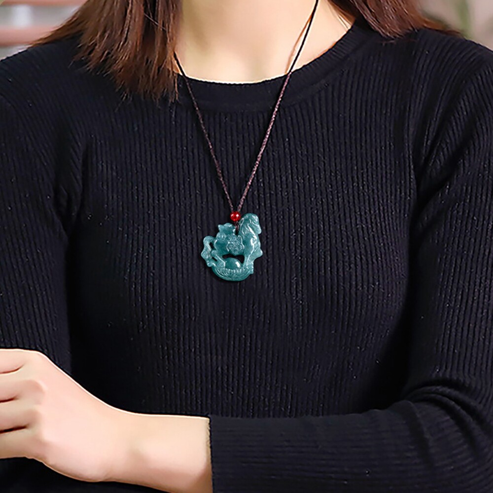 Certified Grade A Natural Green Jade jadeite Zodiac Horse Pendant Necklace